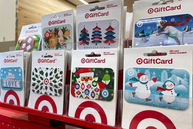 FILE - Gift cards sit on display for sale Nov. 30 at a retail store in Glenview, Ill.