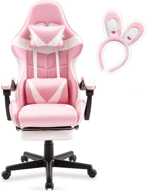 Soontrans Pink Gaming Chair with Footrest